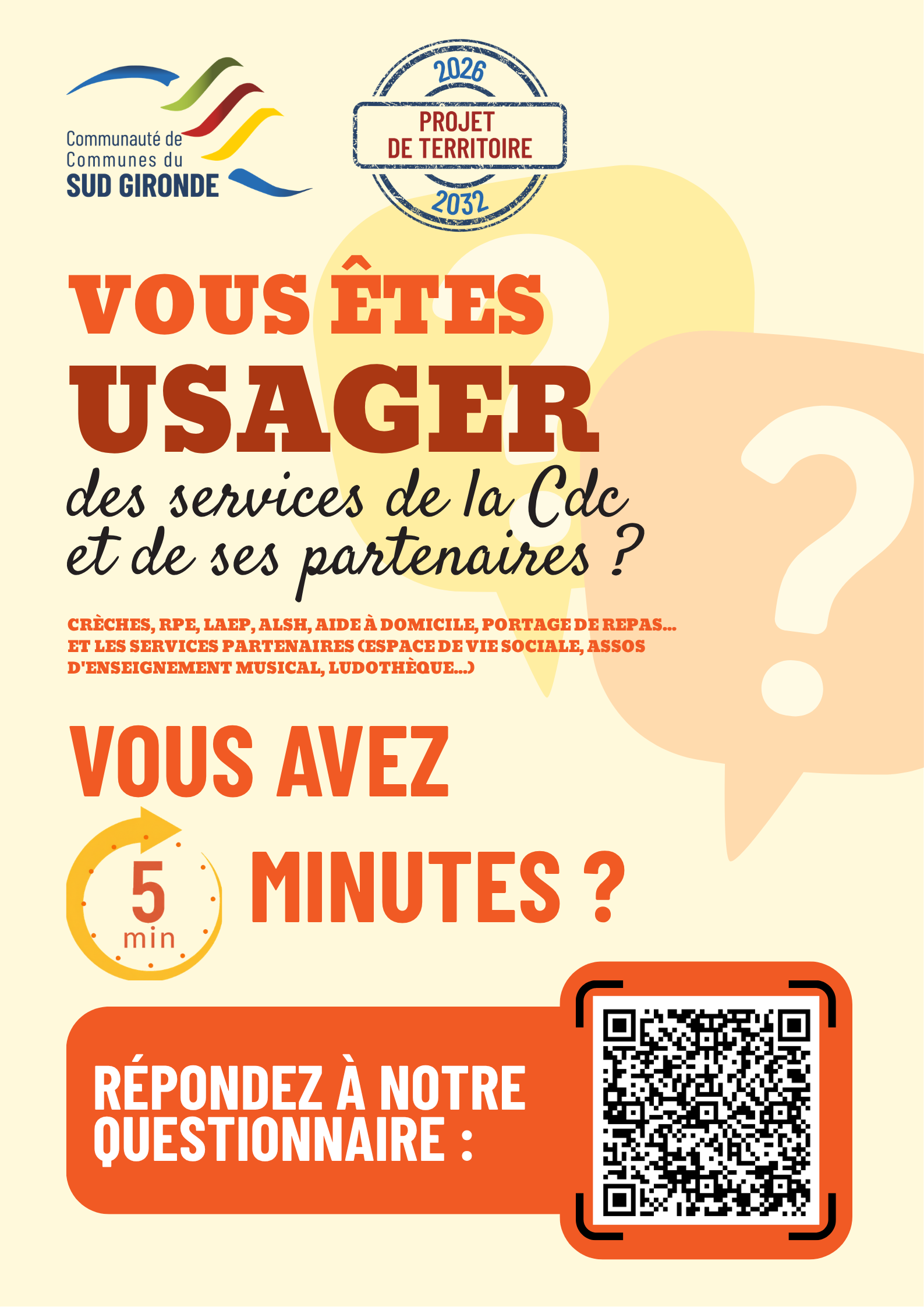 📢 Votre avis compte pour l’avenir du territoire !]  La Cdc prépare actuellement son nouveau Projet de territoire 2026-2032 et nous avons besoin de vous 🙌  👉 Enfance, jeunesse, seniors, culture, services du quotidien… Les services proposés aujourd’hui répondent-ils vraiment à vos besoins et à ceux de votre famille ?  Pour le savoir, nous lançons un questionnaire rapide et anonyme (⏱️ 5 minutes seulement). Vos réponses permettront de construire un territoire plus adapté à vos attentes pour les années à venir.  📝 Répondez ici : https://forms.gle/9HWkR8NRZTZgn74i7  Pourquoi c’est important ? Le Projet de territoire sert à : ✔ définir les priorités pour les prochaines années ✔ améliorer les services proposés aux habitants ✔ construire des actions cohérentes avec les besoins réels du territoire ✔ associer les habitants aux décisions qui les concernent  📣 Nous comptons sur vous pour faire circuler l’information : ➡️ partagez ce post ➡️ identifiez des habitants ou usagers des services de la Cdc ➡️ encouragez votre entourage à répondre  Plus nous aurons de réponses, plus ce projet représentera réellement les attentes du territoire 💬